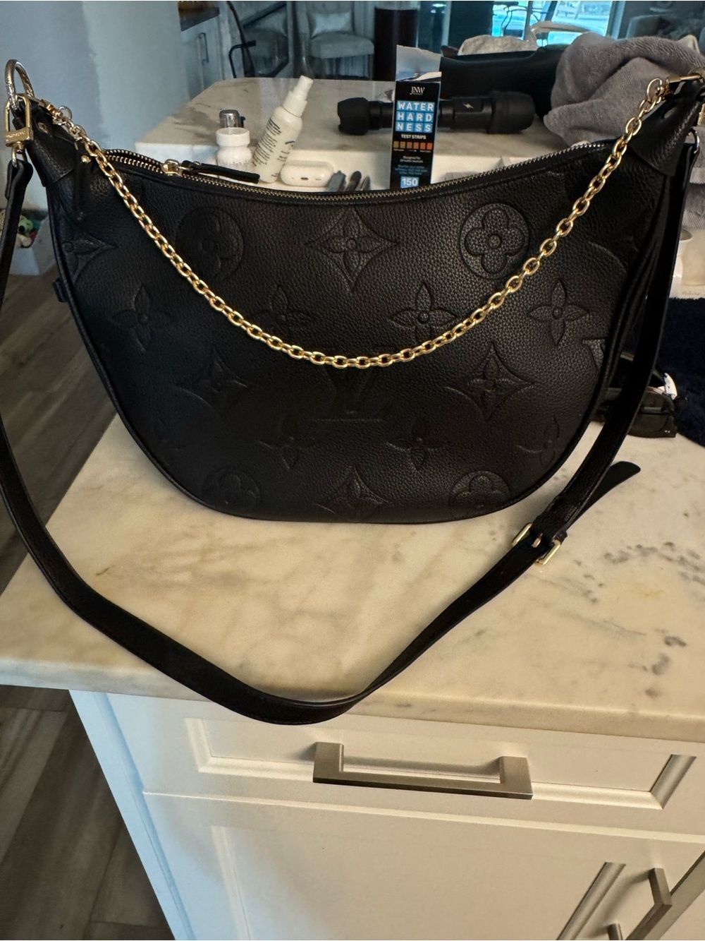 Empriente LV Designer-Style Black Leather Shoulder Bag with Gold Chain